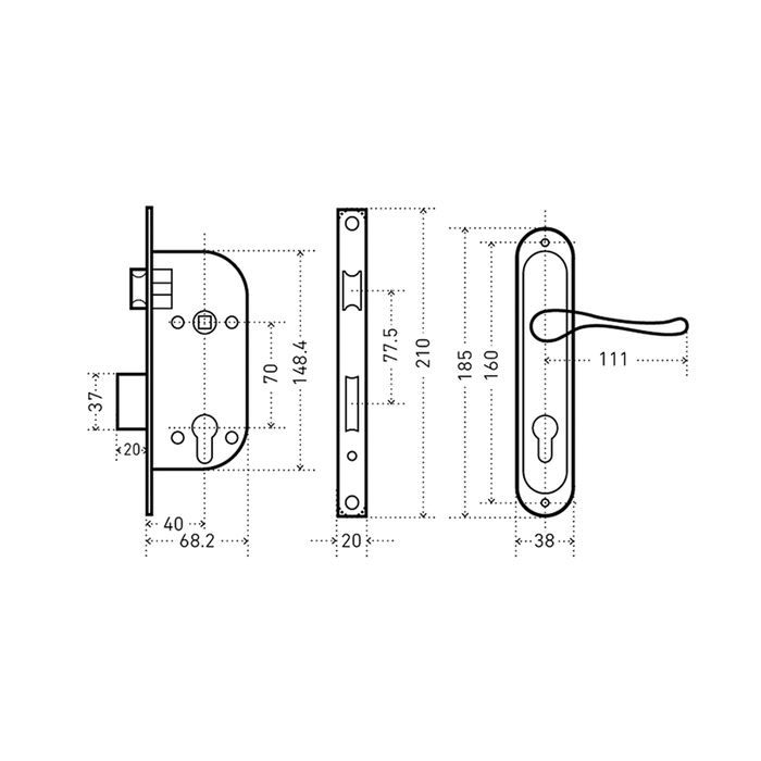 Замок врезной "АЛЛЮР" 132/1 AB, с ручкой, 4 ключа, цвет старая бронза