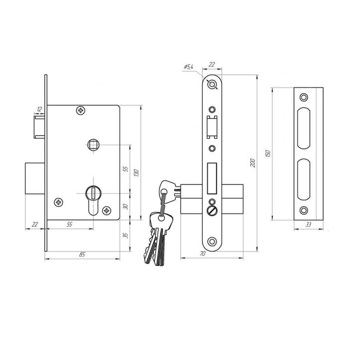 Замок врезной Димитровград "Зенит" ЗВ4-3.05, м/о 55 мм, с/руч, цвет бриллиант