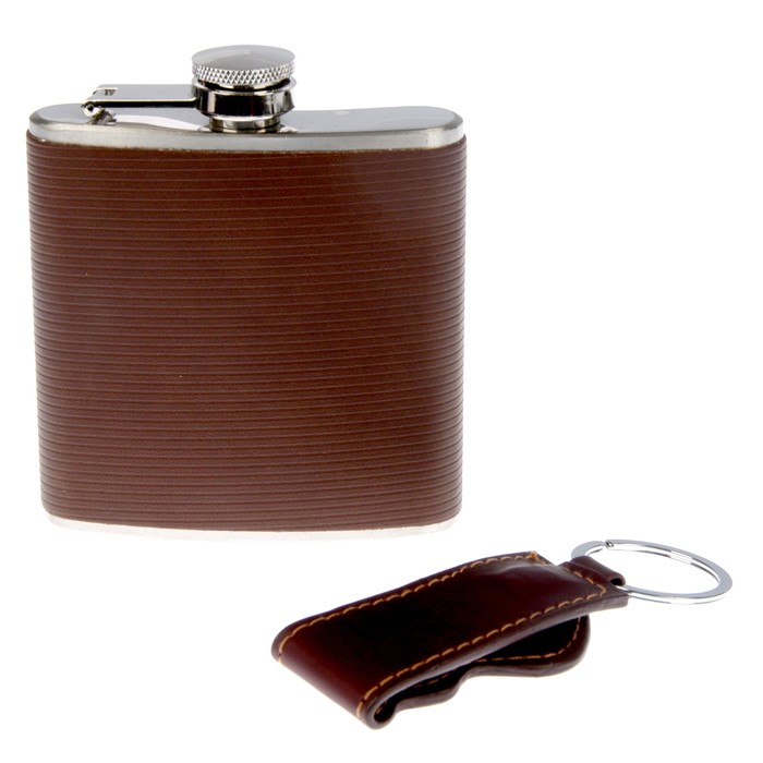 Набор 2 в 1: фляжка 180 мл, простроченная кожа + брелок
