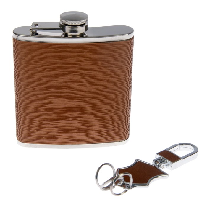 Набор 2 в 1: фляжка 180 мл, рыжая кожа под дерево + брелок
