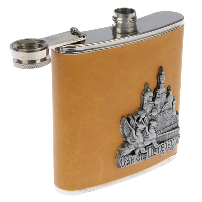 Фляжка 180 мл, эмблема Санкт-Петербурга, кожзам, рыжая, 9.5х10.5 см