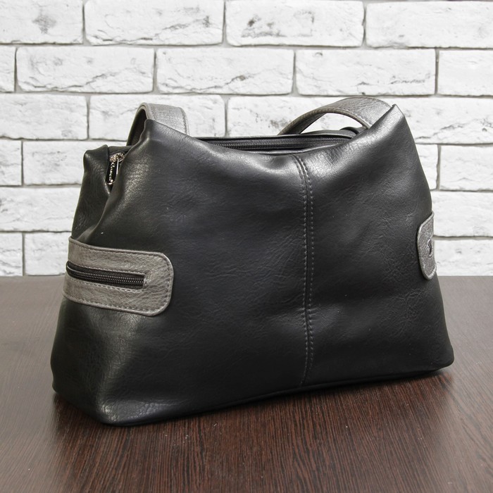 Сумка женская, 2 отдела на молнии, 2 наружных кармана, цвет чёрный/серый