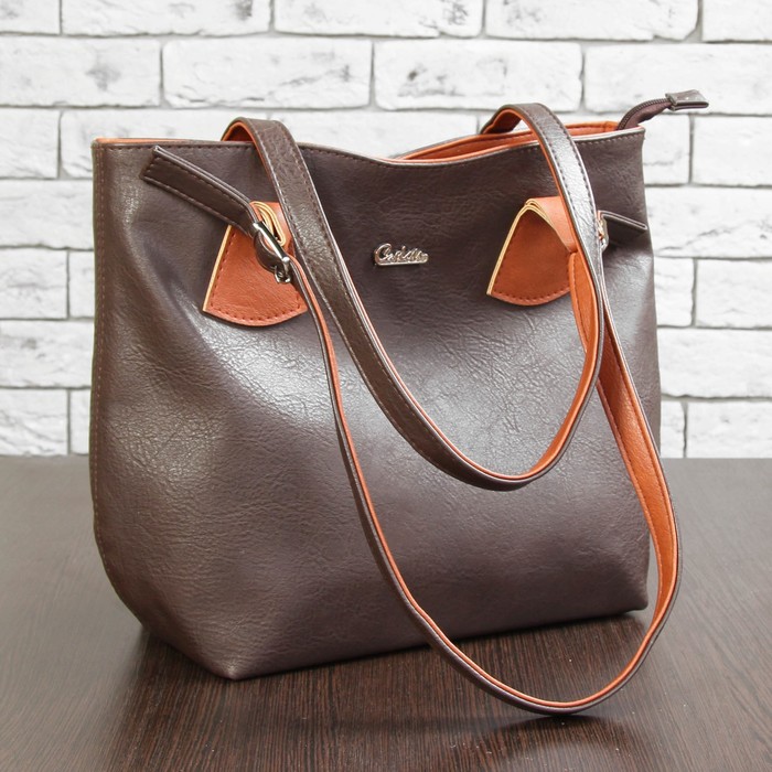 Сумка женская, 2 отдела с перегородкой на молнии, наружный карман, цвет тёмно-коричневый/рыжий