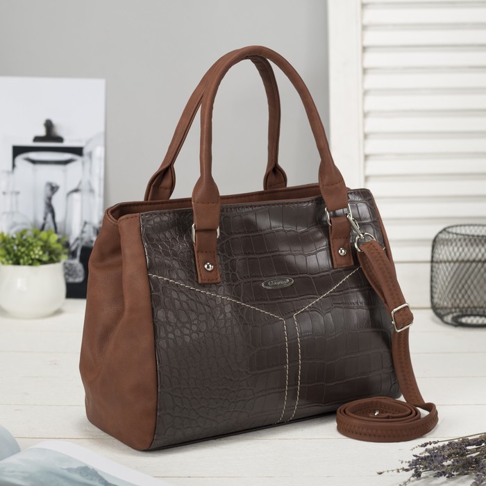 Сумка женская, 2 отдела на молнии, наружный карман, крокодил коричневый