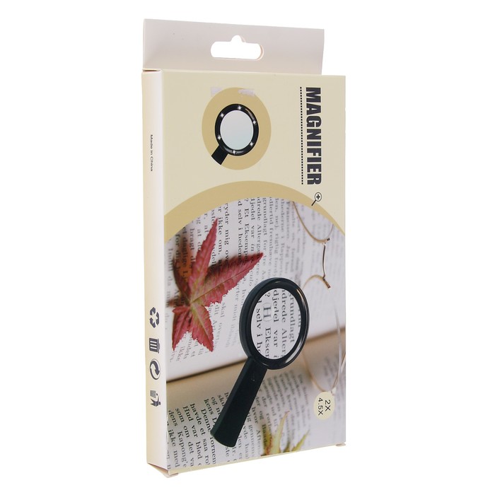 Лупа 4.5х d=2 см, 2х d=8.5 см, 6 диодов, подсветка, 2 ААА, чёрная, 19.5х11 см