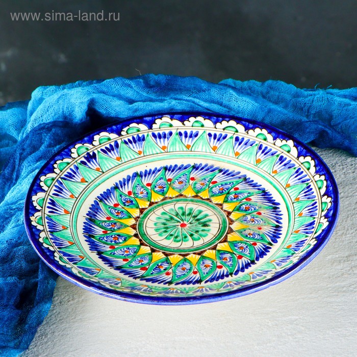 Тарелка Риштанская Керамика Цветы, 22 см, синяя тортовница риштанская керамика цветы 31 см синяя