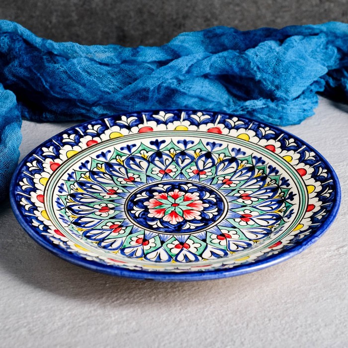 Тарелка Риштанская Керамика Цветы, 22 см, синяя конфетница риштанская керамика цветы 14 см синяя