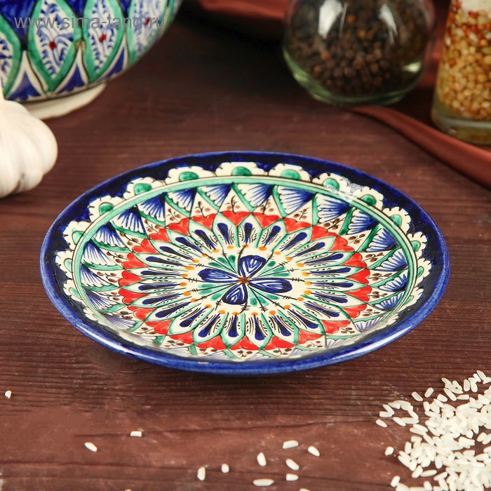 Тарелка Риштанская Керамика Цветы, синяя, плоская, 15 см