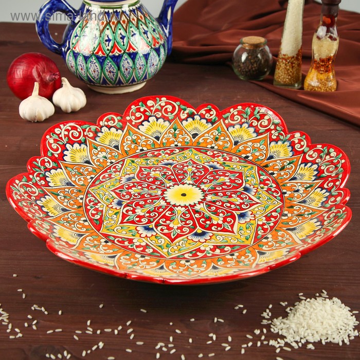 Ляган Риштанская Керамика Цветы, 40 см, красный микс, рифлённый