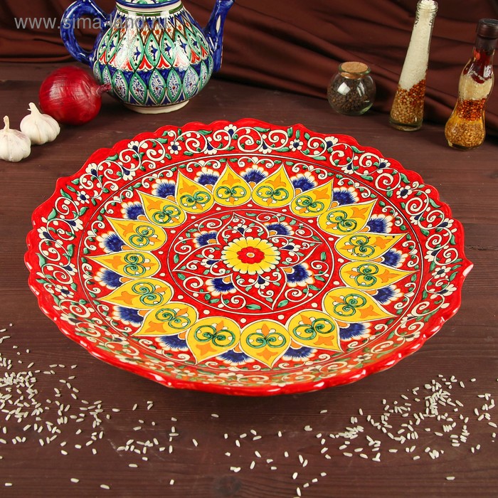 Ляган Риштанская Керамика Цветы, 41 см, красный, рифлённый