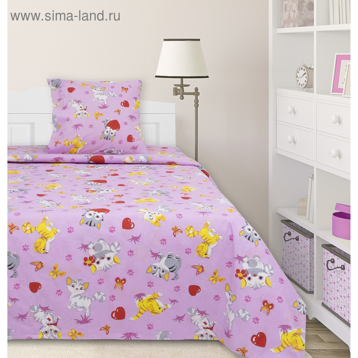 фото Постельное бельё 1,5сп «мурзик», роз 210х147 см, 210х150 см,, 70х70 см, бязь ночь нежна