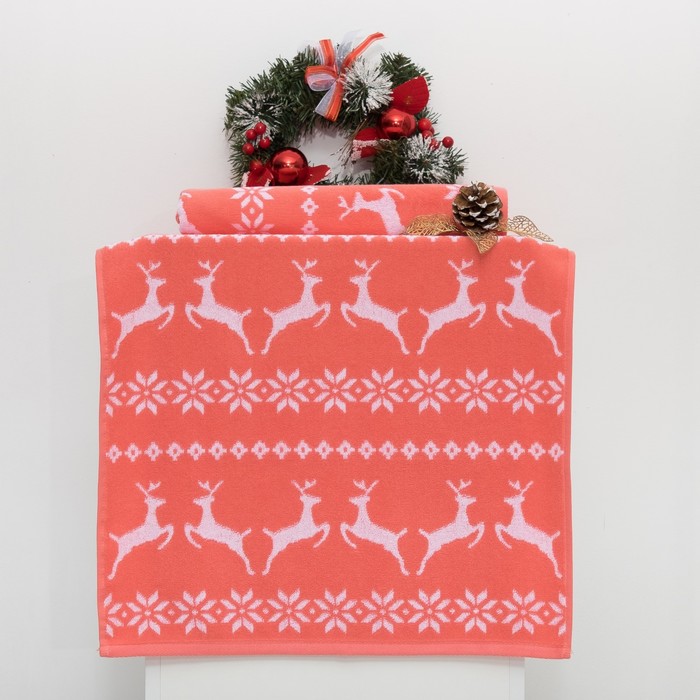 Полотенце махровое "Олени" 50х90см, коралл+отбелка, 420 г/м2,хлопок 100%