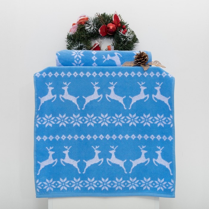 Полотенце махровое "Олени" 50х90см, голубой+отбелка , 420 г/м2,хлопок 100%