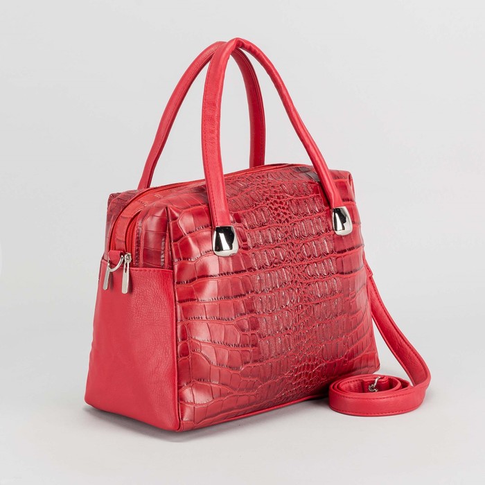 Сумка женская, 2 отдела на молниях, длинный ремень, цвет красный