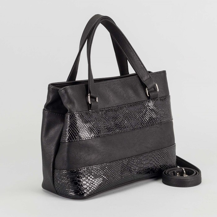 Сумка женская, 2 отдела на молнии, наружный карман, длинный ремень, цвет чёрный