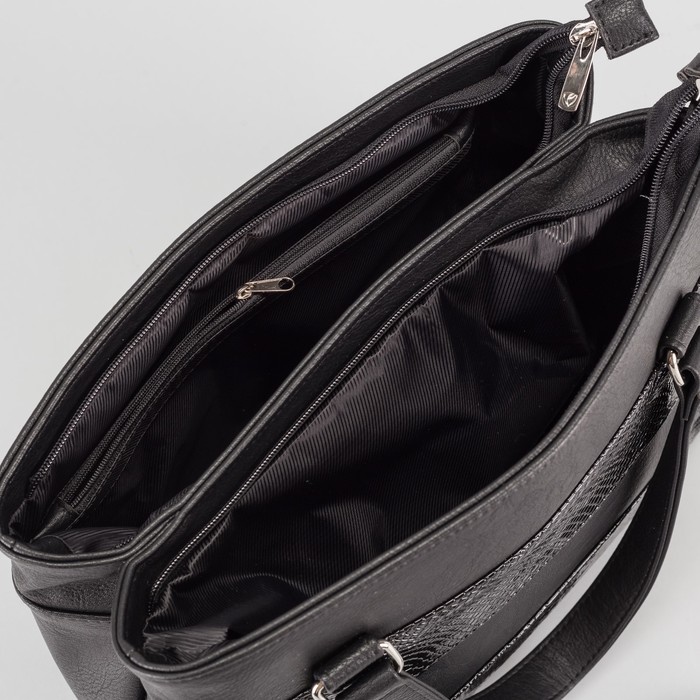 Сумка женская, 2 отдела на молнии, наружный карман, длинный ремень, цвет чёрный