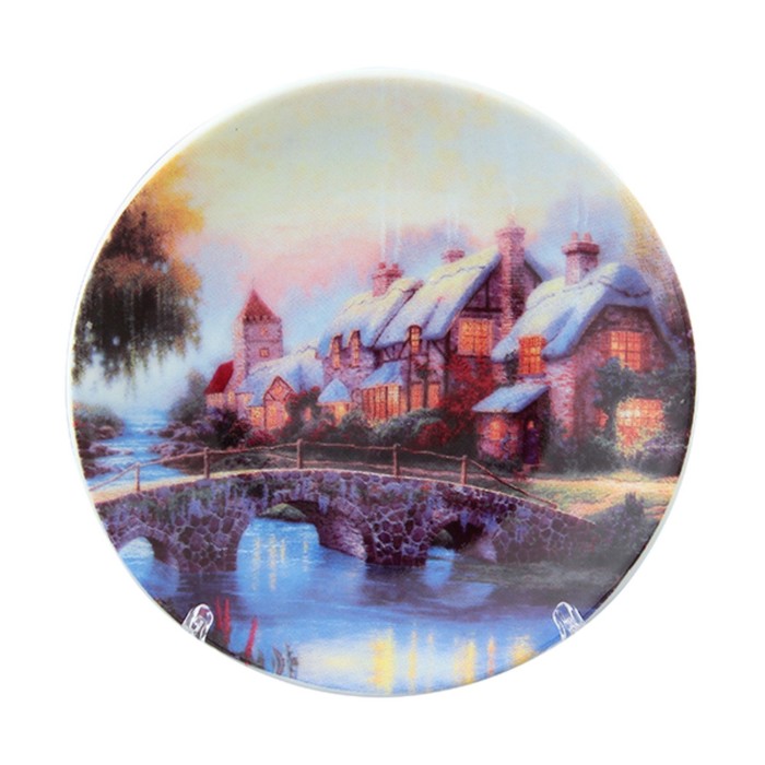 Тарелка декоративная, "Домик у озера" 10 x 10 x 2 см, с подставкой