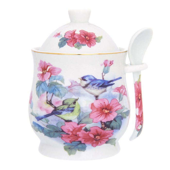 Горшочек для мёда, "Синички в цветах" 10,5 x 9 x 12 см 340 мл, с ложкой