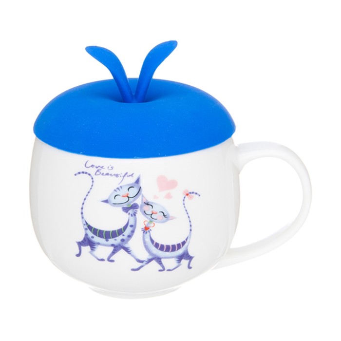 Кружка "Влюбленные коты" 12,5 x 9,5 x 11 см 330 мл, с голубой силиконовой крышкой