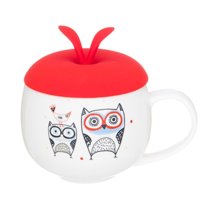 Кружка "Совы" 12,5 x 9,5 x 11 см 330 мл, с красной силиконовой крышкой