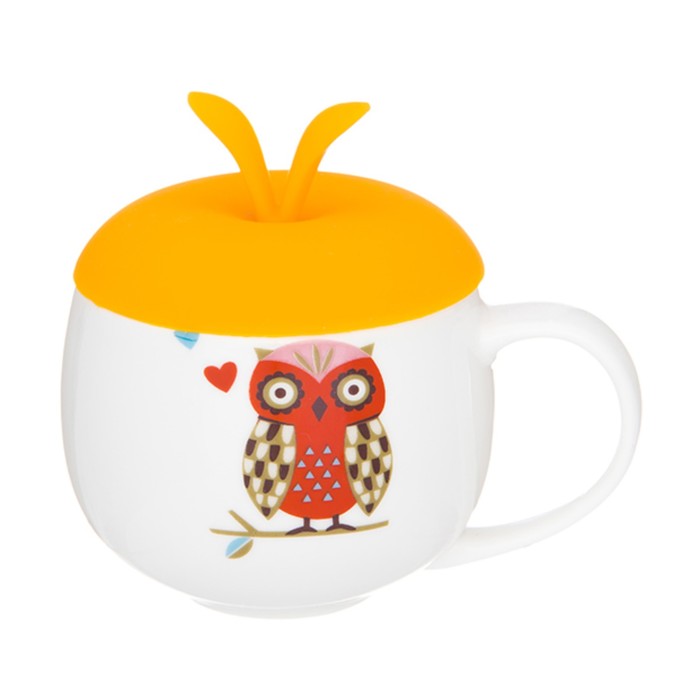 Кружка "Сова с сердечками" 12,5 x 9,5 x 11 см 330 мл с оранжевой силиконовой крышкой