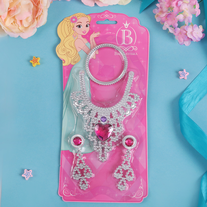 Набор детский "Выбражулька" 3 предмета: клипсы, колье, браслет, капли с сердцем, цвет МИКС