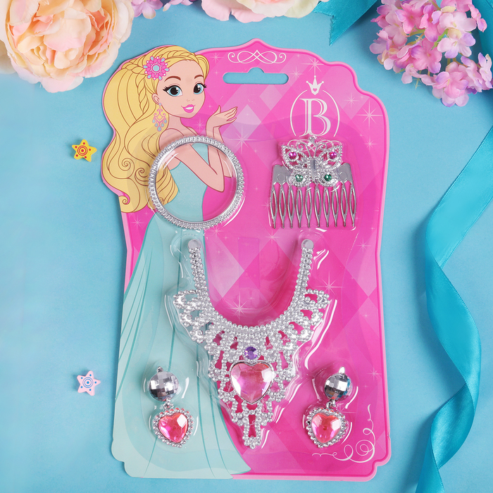 Набор детский "Выбражулька" 4 предмета: гребень, клипсы, колье, браслет, принцесска, сердца, цвет МИКС