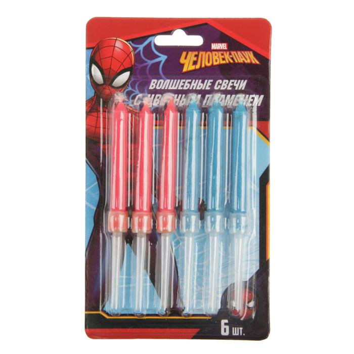 Свеча в торт с цветным пламенем , 6 шт, Человек-паук