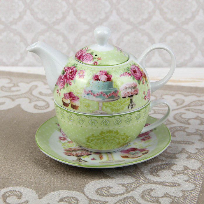 Набор чайный "Тортик", 3 предмета: чайник 320 мл, чашка 320 мл, блюдце 16х15х15 см