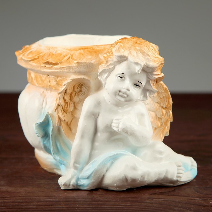 Фигурное кашпо "Ангел карапуз" бело-золотой 15х19х14см