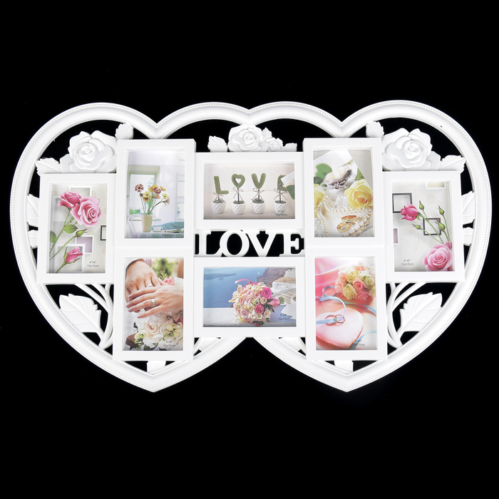 Фоторамка пластик на 8 фото 10х15 см "Двойное сердце" белая 44,5х74 см