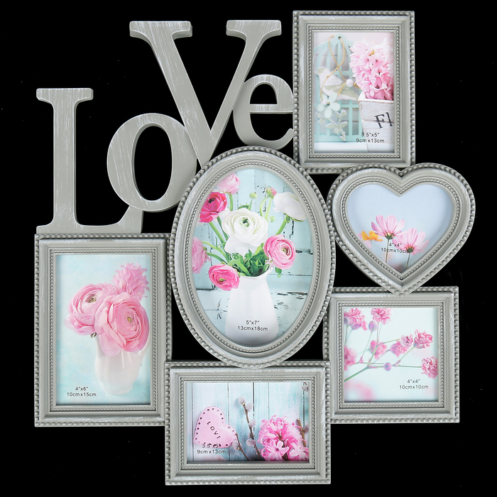 Фоторамка пластик на 6 фото 9х13, 10х10, 10х15, 13х18 см "Любовь" серая 39х49 см