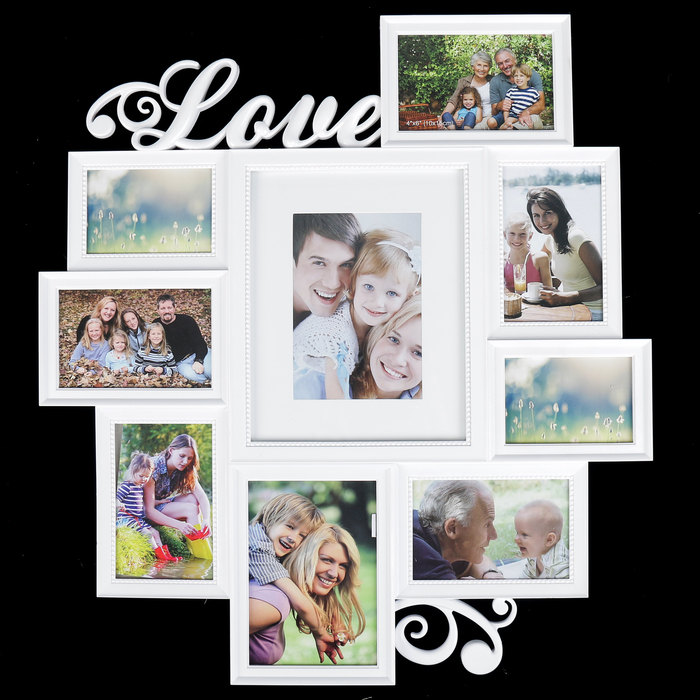 Фоторамка пластик на 9 фото 9х13, 10х15, 13х18 см с паспарту "Любовь" белая 54х60 см