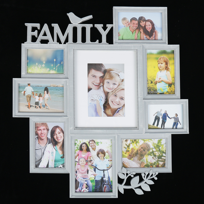Фоторамка пластик на 9 фото 9х13, 10х15, 13х18см с паспарту "Птица - Family"серая 54х58см