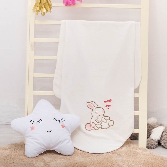 Плед-покрывало "Мамина любовь" зайчики, размер 85х90 см, экрю, велюр/трикотаж 230 гм