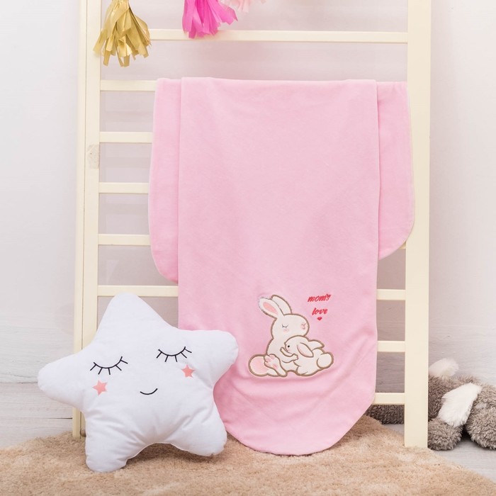 Плед-покрывало "Мамина любовь" зайчики, размер 85х90 см, розовый, велюр/трикотаж 230 гм