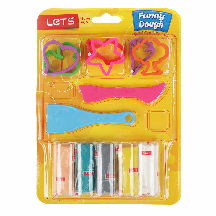 Тесто для лепки 5 цветов по 40 гр, 2 инструмента, 6 формочек, цвета МИКС