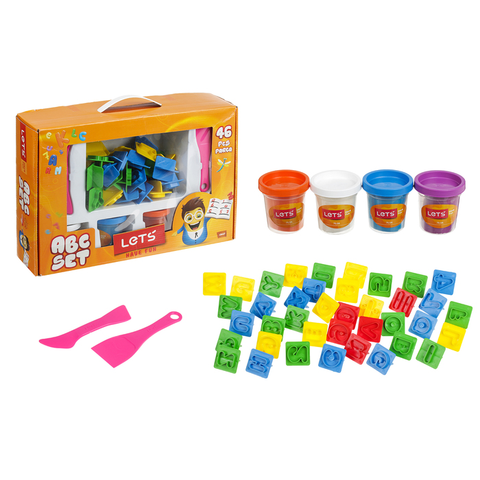 Тесто для лепки 4 цвета по 75 гр, 26 букв англ алф, 10 цифр, 2 инстр, 5 матем зн, цвета МИКС 25217