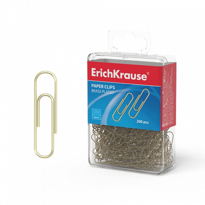 Скрепки канцелярские 28мм, 200шт, омедненные, ErichKrause, пластиковая коробка скрепки канцелярские 28мм 100шт омедненные erichkrause картонная упаковка