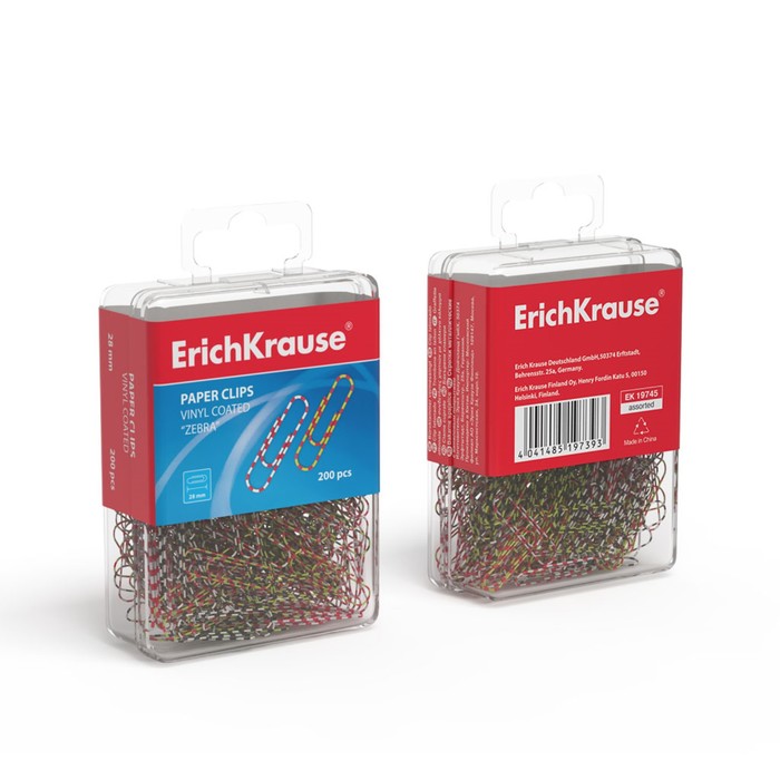 Скрепки канцелярские 28 мм, цветные, 200 штук Erich Krause "Зебра", с виниловым покрытием, пластиковый бокс