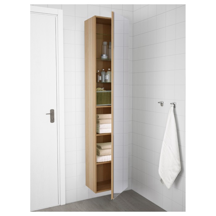 Шкаф высокий ГОДМОРГОН, зеркальная дверца, под беленый дуб