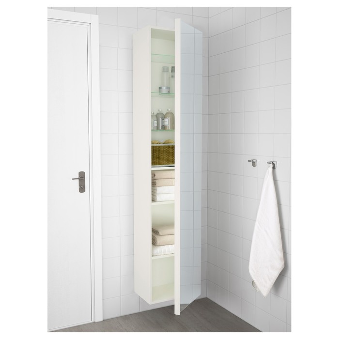 Высокий шкаф с зеркальной дверцей ГОДМОРГОН, глянцевый белый