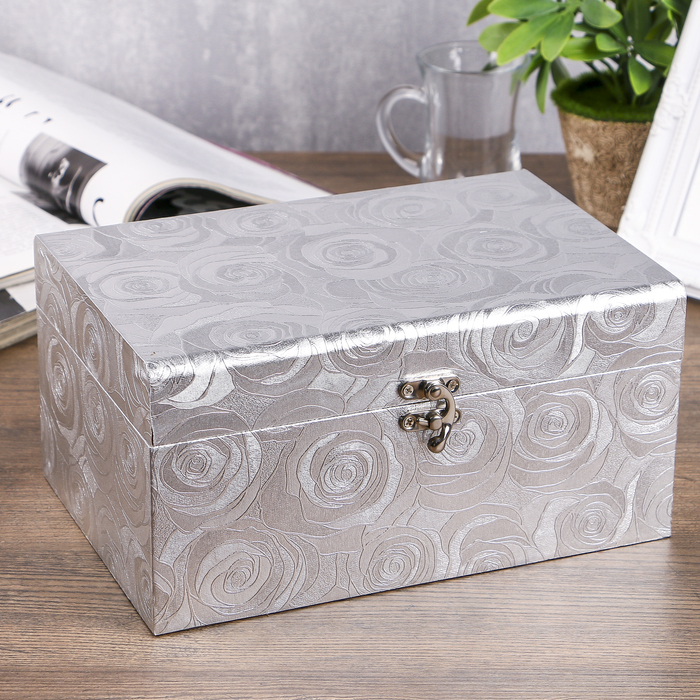 Шкатулка сундучок "Серебристые розы" 16х24х12 см