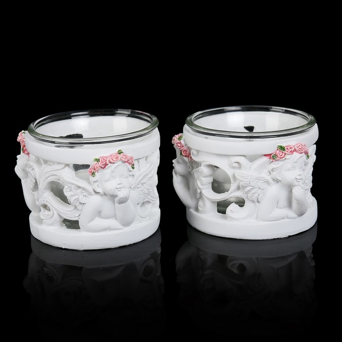 Подсвечник полистоун "Ангелочек в розовом веночке" МИКС 5х6,5х6,5 см