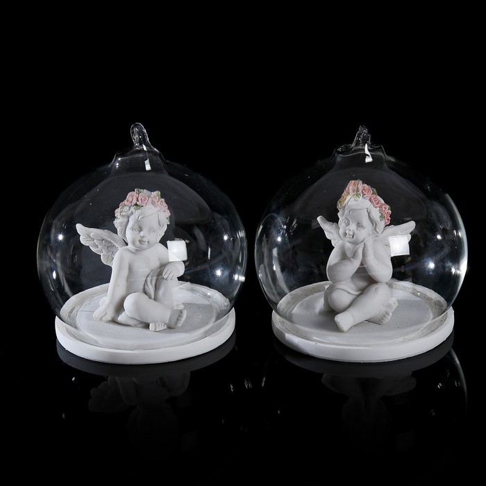 Сувенир полистоун "Ангелочек в розовом веночке в стеклянном шаре" МИКС 8,5х7,5х7,5 см