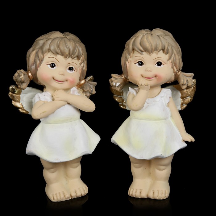 Сувенир полистоун "Ангел-малышка с хвостиками в кремовом платье" МИКС 9,8х5,3х3,6 см