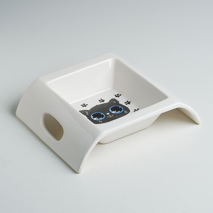 Миска керамическая "Киска" с ручками, 18 х 15 х 4,5 см, 250 мл, белая