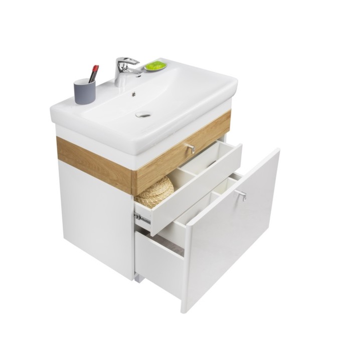 Тумба-комплект, белая/под дерево, 70см, Carlow, с раковиной