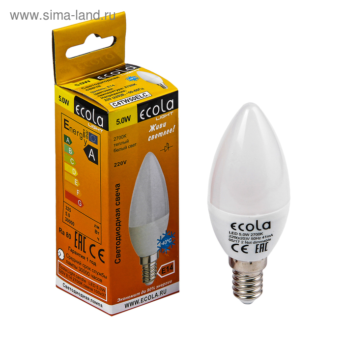 фото Лампа светодиодная ecola light, с37, 5 вт, e14, 2700 k, 100x37, теплый белый