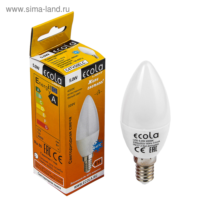 фото Лампа светодиодная ecola light, с37, e14, 5 вт, 4000 k, 100x37 мм, свеча, дневной белый